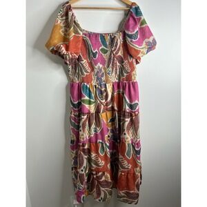 Crystal Sky Plus Size Midi Dress 3X Tropical Floral Smocked Tiered Hawaii Boho